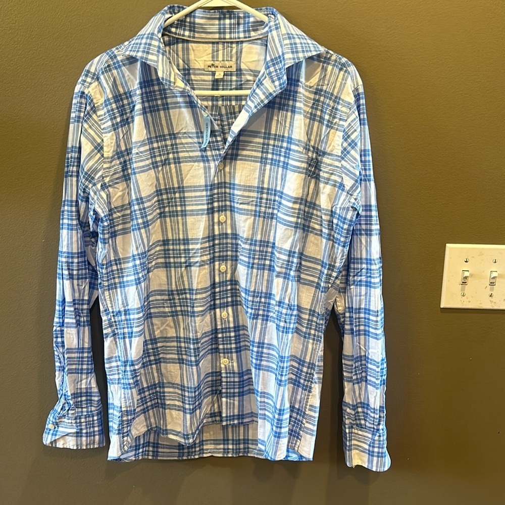 Peter Millar Mens Seawater Cotton Sports Shirt Size medium Plaid Blue White